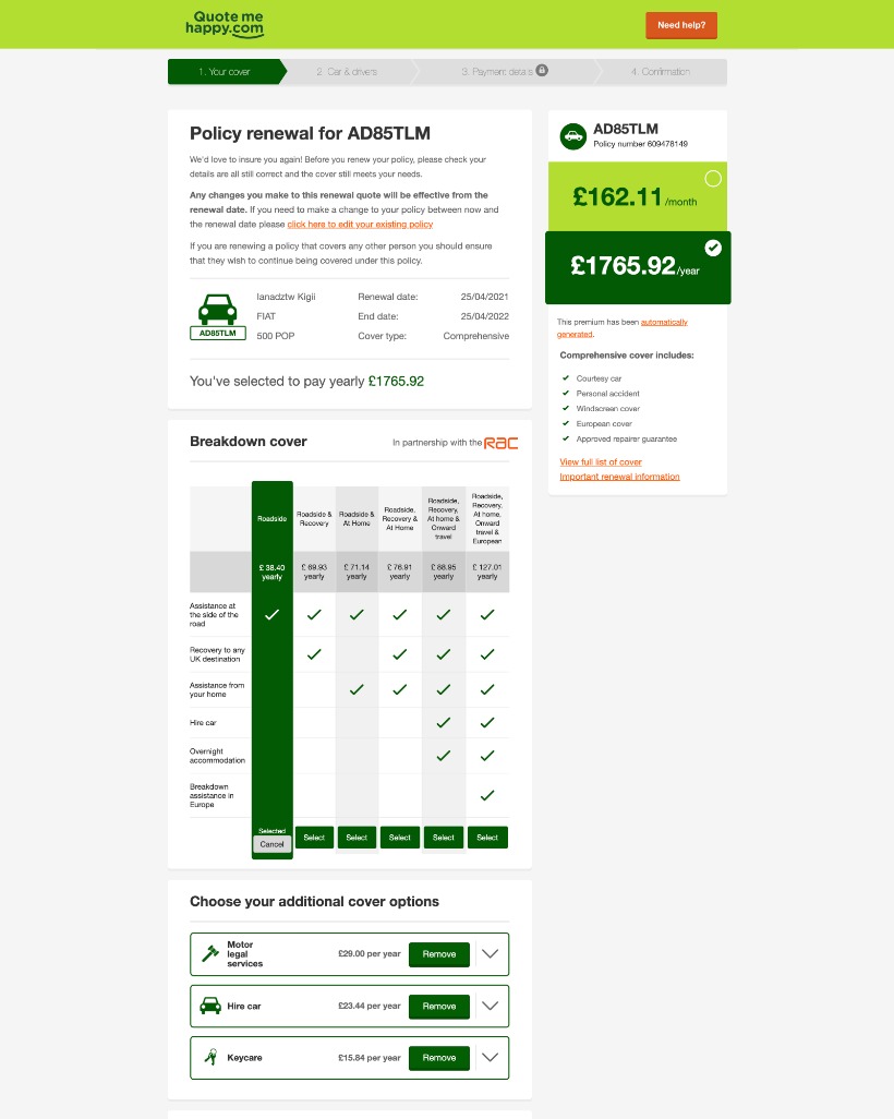The previous renewal screen, with editing, payment, and confirmation on one page